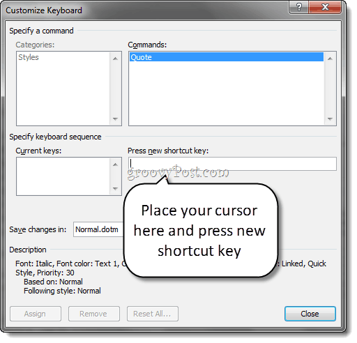 Raccourcis clavier de style personnalisé Word 2010