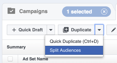 Dans Facebook Power Editor, cliquez sur la flèche à droite de Duplicate et sélectionnez Split Audiences.