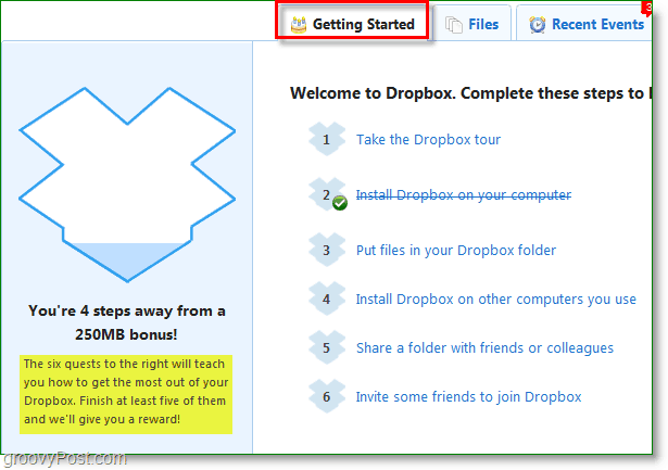 Capture d'écran de Dropbox - Comment obtenir 250 Mo supplémentaires rapidement