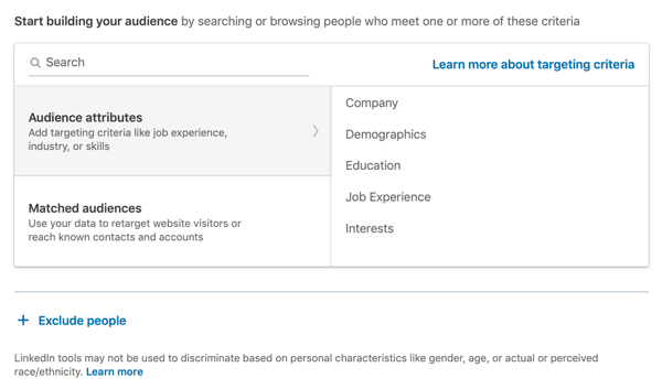Comment créer une annonce textuelle LinkedIn, étape 7, commencez à créer votre audience, option d'attributs d'audience