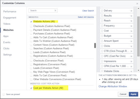gestionnaire d'annonces facebook ajouter des actions de site Web