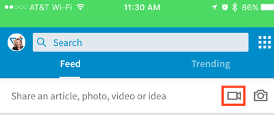Cliquez sur l'icône de la caméra vidéo pour créer une mise à jour vidéo LinkedIn.