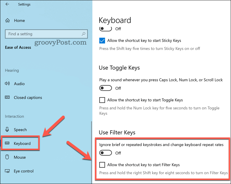 Configuration des paramètres des clés de filtre sur Windows 10