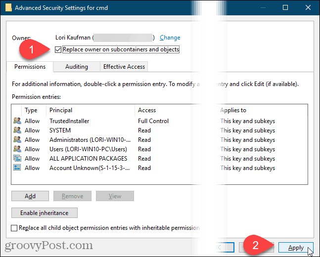 Cliquez sur Appliquer dans la boîte de dialogue Paramètres de sécurité avancés dans le Registre Windows