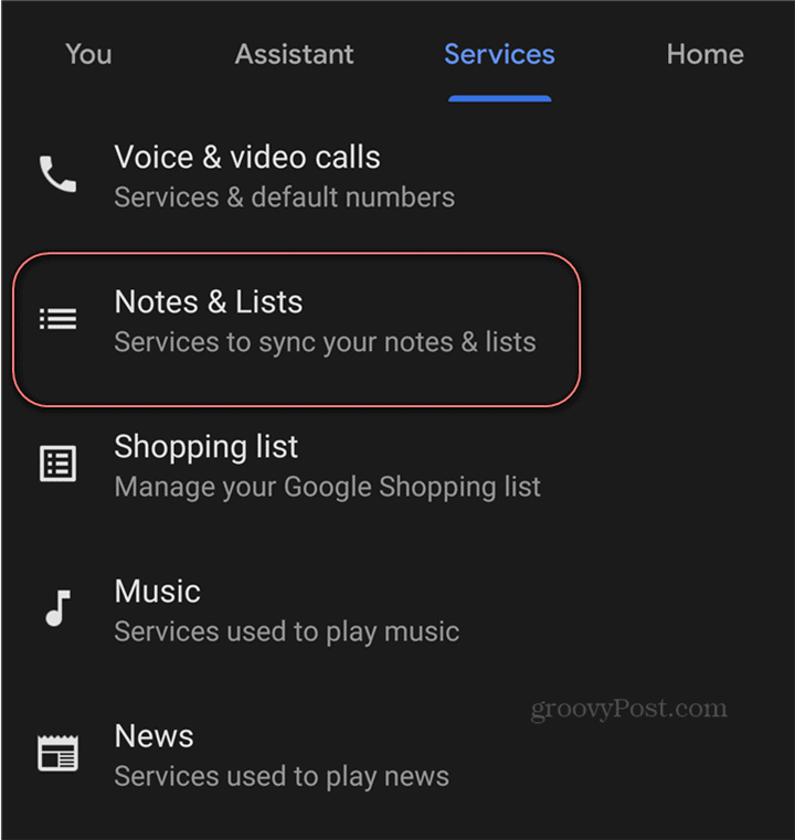 Listes de notes des paramètres de l'Assistant Google Google Keep