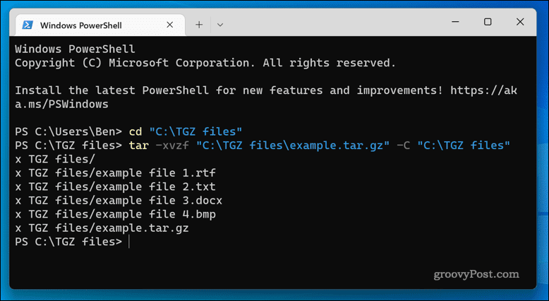 Extraction de fichiers TGZ sur Windows 11 à l'aide de l'application Terminal