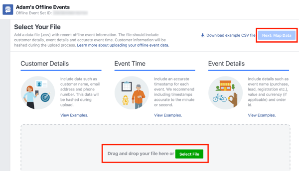 Option pour faire glisser et déposer votre fichier de données dans Facebook Ads Manager.