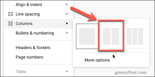 L'option Deux colonnes dans Google Docs