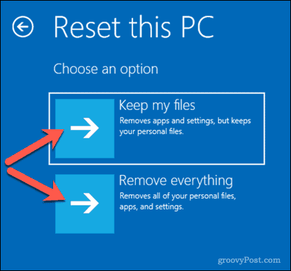 Options de réinitialisation d'un PC Windows 10