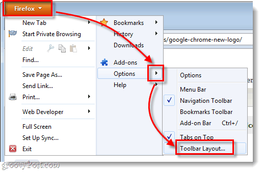 Options du menu Firefox> disposition de la barre d'outils