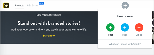 Appuyez sur l'icône + pour créer une nouvelle publication dans Adobe Spark.