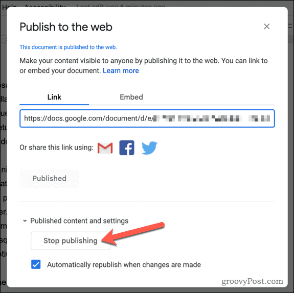 Arrêter la publication d'un document dans Google Docs