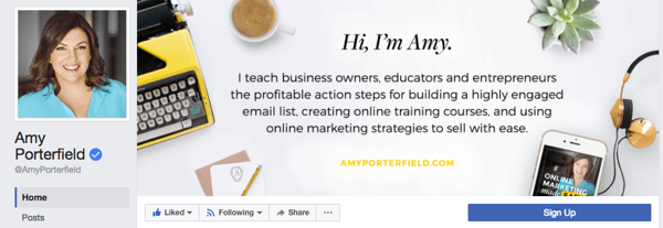 Amy Porterfield a une page commerciale qui comprend une photo de profil professionnel et une page de couverture qui met en évidence les produits et services offerts par son entreprise.
