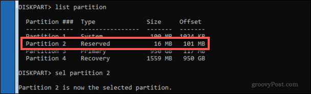 Une liste de partitions système utilisant Diskpart