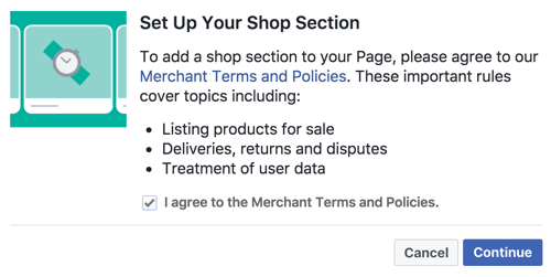 Acceptez les conditions et politiques du marchand pour configurer votre section Boutique Facebook.