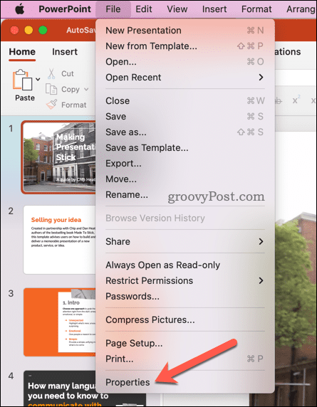 Ouvrir les propriétés PowerPoint sur Mac