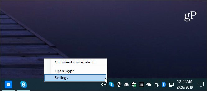 Barre système des paramètres Skype