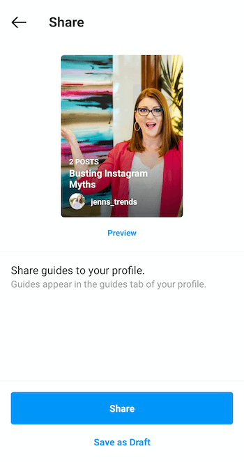 exemple créer maintenant l'écran de partage du guide instagram avec aperçu en bleu sous l'image de couverture, ainsi que les options du bouton inférieur de partage et d'enregistrement en tant que brouillon