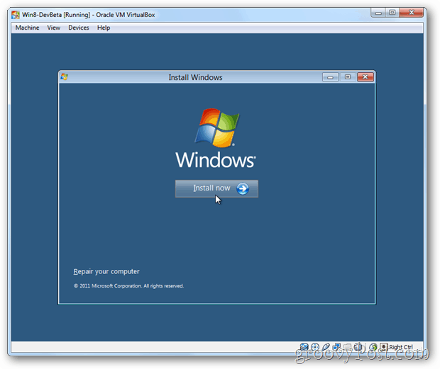 Boîte d'installation de VirtualBox Windows 8 maintenant