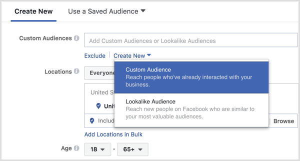 Facebook Ads Manager crée une audience personnalisée lors de la configuration de l'annonce