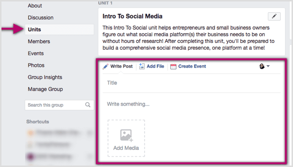 Cliquez sur votre unité de groupe Facebook et rédigez un message, ajoutez un fichier ou créez un événement.