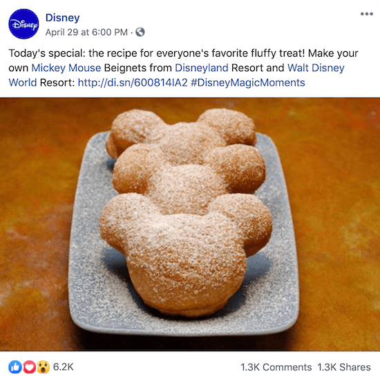 Publication Facebook de Disney avec un lien vers la recette des beignets Mickey Mouse