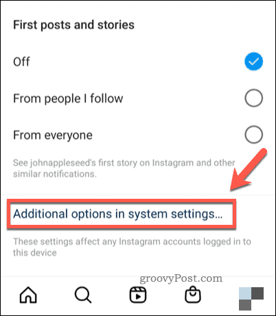 Ouvrir les paramètres système pour les notifications dans Instagram