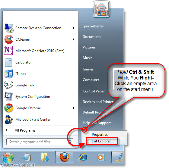 maintenez les touches et cliquez avec le bouton droit sur le menu Démarrer pour quitter l'explorateur dans Windows 7