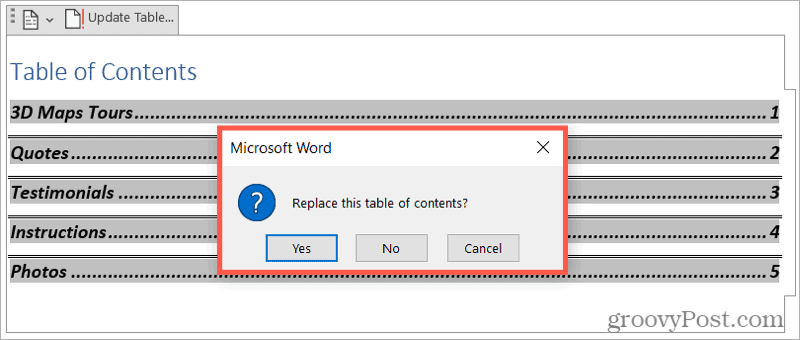 Remplacer la table des matières dans Word