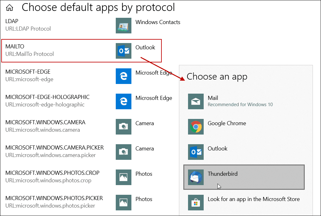 Définir l'application de messagerie par défaut par le protocole Windows 10