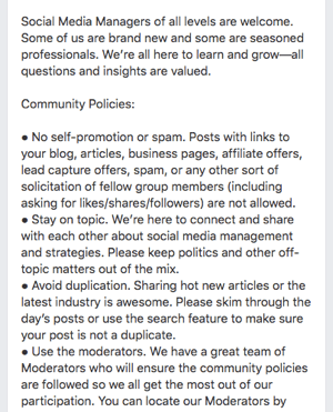 Voici un exemple de règles de groupe Facebook.