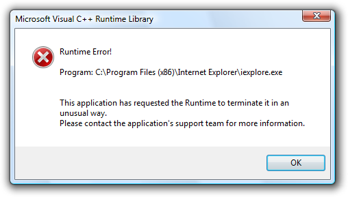Internet Explorer 8 (IE8) Bibliothèque d'exécution Microsoft Visual C ++: erreur d'exécution!