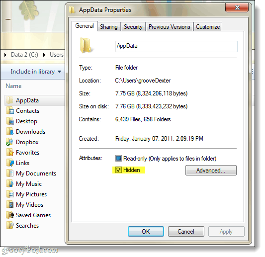 données d'application cachées dans Windows 7