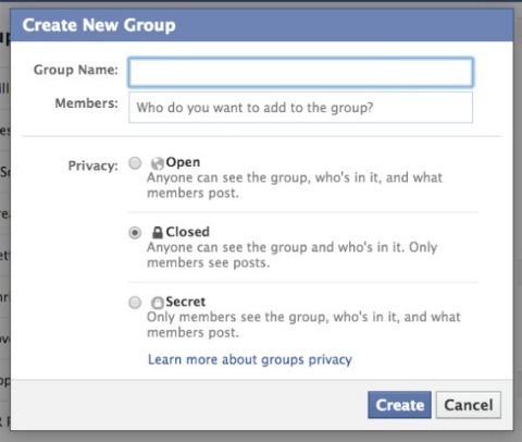 écran de configuration du groupe facebook