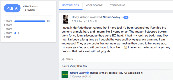 Un client de Nature Valley laisse un avis client sur la page Facebook de l'entreprise.