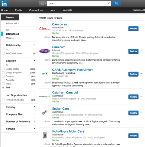 LinkedIn résultats de la page de la société dans les résultats de recherche LinkedIn