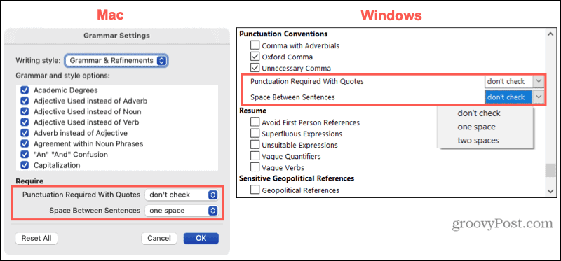 Paramètres de ponctuation sur Mac et Windows