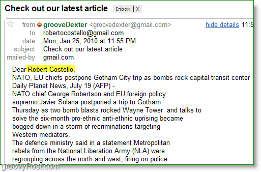 Capture d'écran d'Outlook 2010 - un exemple d'e-mail de masse personnalisé
