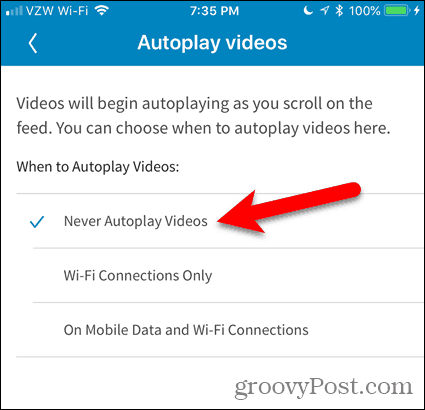 Appuyez sur Never Autoplay Videos dans LinkedIn