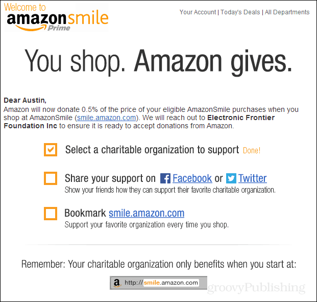 e-mail de confirmation d'Amazon Smile