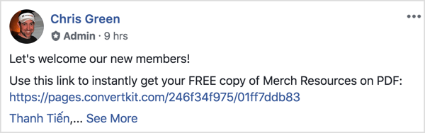 Ce message de groupe Facebook souhaite la bienvenue aux nouveaux membres et leur rappelle de télécharger un PDF gratuit.