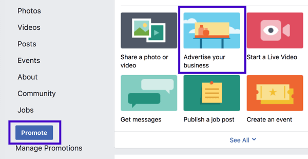 Vous pouvez configurer une promotion commerciale locale sur Facebook à partir de la barre latérale gauche ou des options de publication de la page.