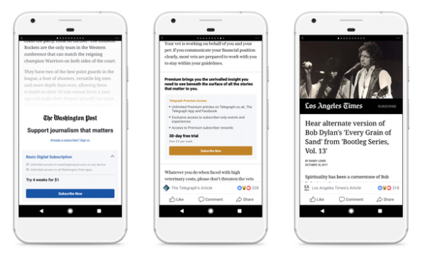 Facebook teste des modèles de paywall et d'abonnement pour les articles instantanés avec un petit groupe d'éditeurs aux États-Unis et en Europe.