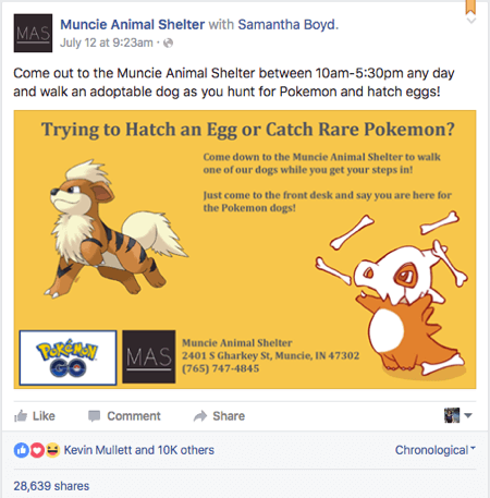 Pokemon go muncie refuge pour animaux