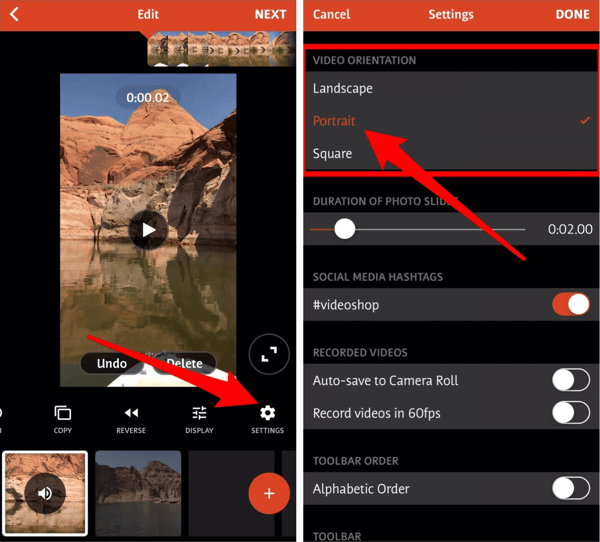 Modifiez des clips vidéo paysage, portrait et carré avec l'application Videoshop.