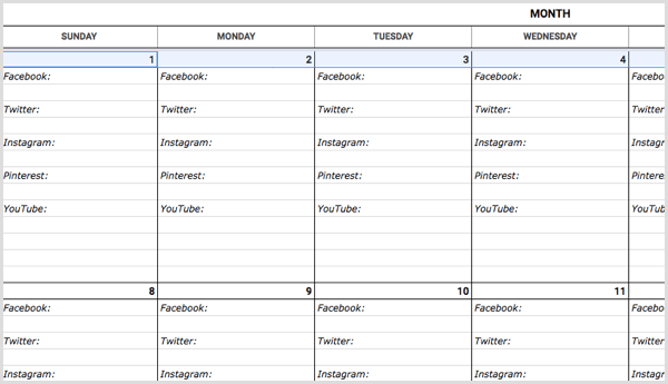 modèle de calendrier de médias sociaux