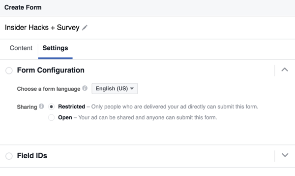 Vous pouvez sélectionner une langue pour votre formulaire de prospect Facebook.
