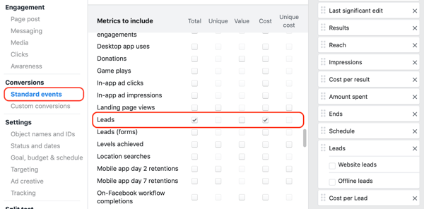 Exemple de rapport personnalisé de Facebook Ads Manager pour les actions d'événement de piste et les conversions personnalisées.
