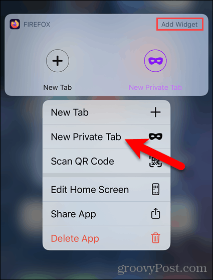Appuyez longuement sur l'icône Firefox et sélectionnez Nouvel onglet privé sur iOS