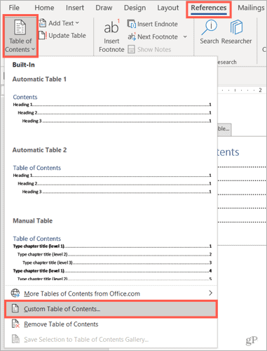 Sélectionnez une table des matières personnalisée dans Word